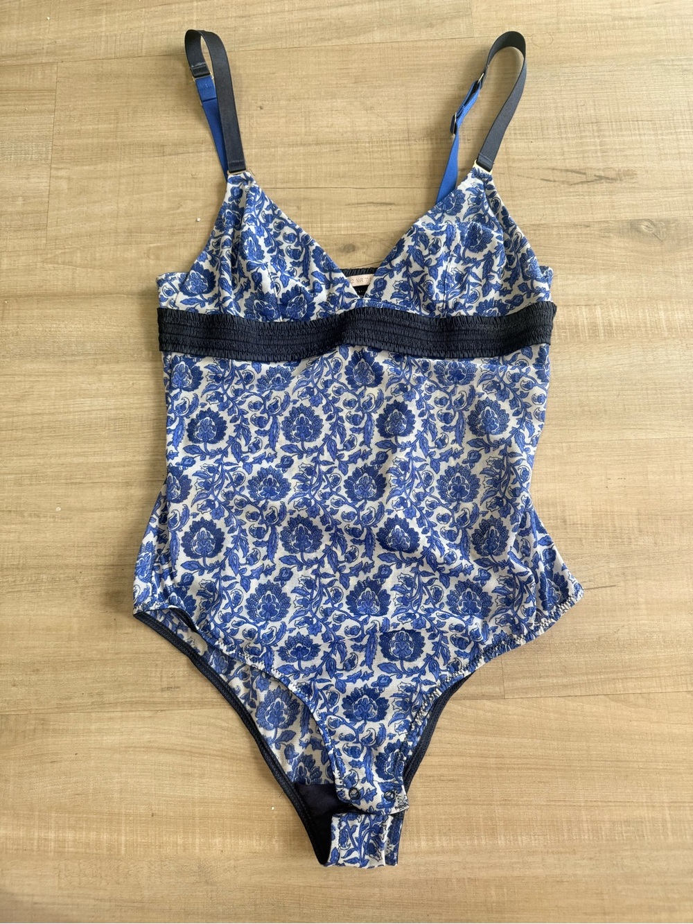 Stella McCartney Blue and White Floral Lace-Trim Bodysuit Chemise
